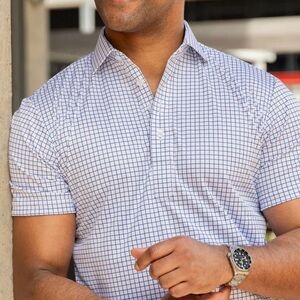 NWOT Collars & Co. Thin Blue White Check Semi-Spread Collar Polo in Size Large